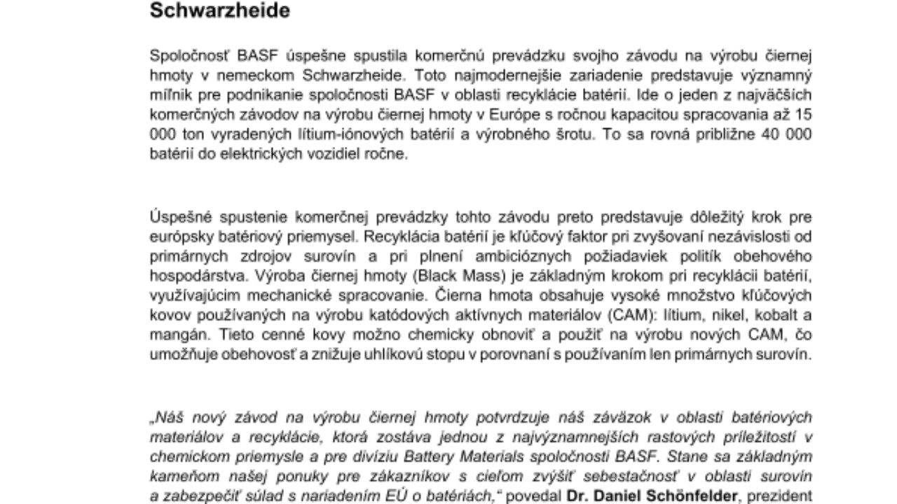 Spoločnosť BASF spustila komerčnú prevádzku závodu na výrobu čiernej hmoty pre recykláciu batérií v nemeckom Schwarzheide